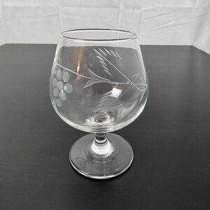 Etched Crystal Brandy Snifter Glass Grape Leaf Pattern Footed Goblet 5"